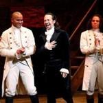Actor Lin-Manuel Miranda (C) laughs next to cast members while greeting spectators after taking part in his last performance with Hamilton in New York July 9, 2016. REUTERS/Eduardo Munoz