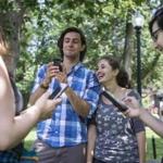 Mary Baker and Travis Bissel chased Pokémon in the Public Garden.