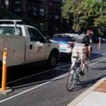 A bicyclist tried out the ?popup? bike lane on Beacon Street.