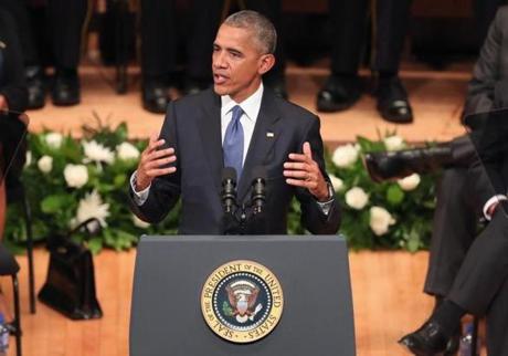 DALLAS, TX - JULY 12: U.S. President Barack Obama delivers remarks during an interfaith memorial service, honoring five slain police officers, at the Morton H. Meyerson Symphony Center on July 12, 2016 in Dallas, Texas. A sniper opend fire following a Black Lives Matter march in Dallas killing five police officers and injuring 12 others. (Photo by Tom Pennington/Getty Images)
