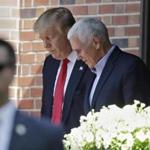 Republican presidential candidate Donald Trump leaves the Indiana Governor's residence with Gov. Mike Pence in Indianapolis, Wednesday, July 13, 2016. (AP Photo/Michael Conroy)