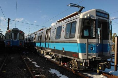 A view of one of 10 new Blue Line train cars manufactured by Siemens that the T is testing at the Orient Heights car garage. The MBTA ordered 94 of the cars, to replace its aging fleet of cars manufactured by the now defunct Hawker Siddeley company of Canada. JOSH REYNOLDS FOR THE BOSTON GLOBE (METRO, Element)
