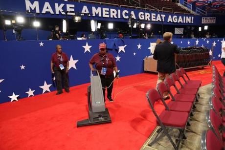  CLEVELAND, OH - JULY 18: A worker vaccuums the floor at the Quicken Loans Arena ahead of the start of the first day of the Republican National Convention on July 18, 2016 in Cleveland, Ohio. An estimated 50,000 people are expected in Cleveland, including hundreds of protesters and members of the media. The four-day Republican National Convention kicks off on July 18. (Photo by John Moore/Getty Images)
