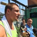 Patriots tight end Rob Gronkowski speaks with media at Tony C's Sports Bar and Grill in Boston on July 22, 2016. (Jim McBride/Globe Staff)