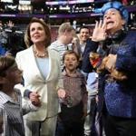 PHILADELPHIA, PA - JULY 24: House Minority Leader Nancy Pelosi (D-CA) speaks with comedian Stephen Colbert as she visits the floor of the Democratic National Convention at the Wells Fargo Center on July 24, 2016 in Philadelphia, Pennsylvania. Preparations continue for the start of the Democratic National Convention that formally kicks off on Monday. (Photo by Joe Raedle/Getty Images) *** BESTPIX ***