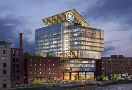 A rendering of the new headquarters General Electric plans to build along the Fort Point Channel. 
