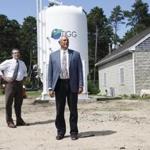 Barnstable, MA - 7/25/2016 - Barnstable Town Manager Mark Ells(R) and Barnstable's Director of Public Works Daniel Santos stand at the water treatment facility in Barnstable, MA, July 25, 2016. (Keith Bedford/Globe Staff) 