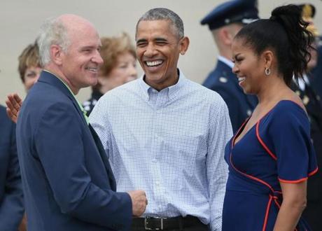 President Obama and first lady Michelle Obama spoke with Representative Bill Keating, Democrat of Bourne, after Air Force One landed at Joint Base Cape Cod Saturday.
