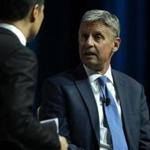 Libertarian presidential nominee Gary Johnson, right,  during a 2016 Presidential Election Forum at The Colosseum at Caesars Palace on August 12 in Las Vegas, Nevada. 
