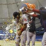 Aug 22, 2016; St. Petersburg, FL, USA; Boston Red Sox left fielder Andrew Benintendi (40) gets a gatorade and gum bath after they beat the Tampa Bay Rays at Tropicana Field. Boston Red Sox defeated the Tampa Bay Rays 6-2. Mandatory Credit: Kim Klement-USA TODAY Sports