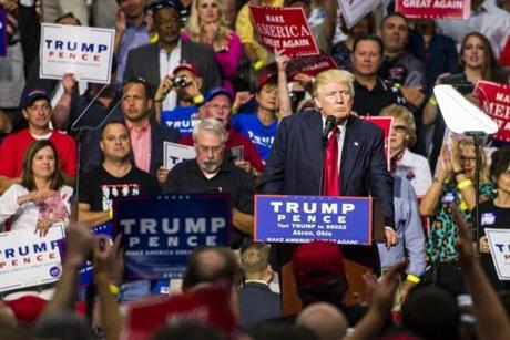 AKRON, OH - AUGUST 22: Republican Presidential candidate Donald Trump addresses supporters at the James A. Rhodes Arena on August 22, 2016 in Akron, Ohio. Trump currently trails Democratic Presidential candidate Hillary Clinton in Ohio, a state which is critical to his election bid. (Photo by Angelo Merendino/Getty Images)
