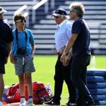 Foxborough, MA - 8/24/2016 - New England Patriots head coach Bill Belichick with New England Patriots owner Robert Kraft and Rock singer Jon Bon Jovi and his son Romeo at today's Patriots practice in Foxborough. - (Barry Chin/Globe Staff), Section: Sports, Reporter: Jim McBride, Topic: 25Patriots, LOID: 8.2.4058909563.