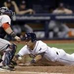 Tampa Bay Rays' Luke Maile, right, slides home to score the game-winning run as Boston Red Sox catcher Sandy Leon can't handle the throw during the 11th inning of a baseball game Wednesday, Aug. 24, 2016, in St. Petersburg, Fla. Rays won 4-3. (AP Photo/Chris O'Meara)