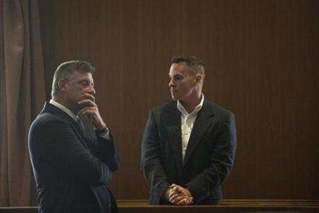 April 25, 2016 | Ayer, Ma Inside the Ayer District Court for the arraignment of State Tooper Robert Sundberg for domestic violence charges. Richard Rafferty, Sundburg's lawyer (left). (Kieran Kesner for The Boston Globe)
