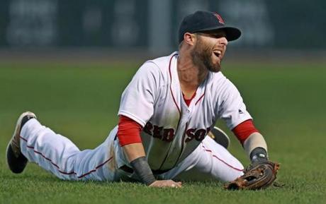 Second baseman Dustin Pedroia howled in disgust after he just missed making the play on Brad Miller?s grounder in the first inning. Miller?s hit scored Kevin Kiermaier.
