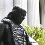 The repaired statue of Ben Franklin was reinstalled in front of Old City Hall.