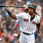 08/31/16: Boston, MA: The Red Sox Hanley Ramirez blasted a bottom of the fifth inning grand slam on the first pitch he saw, turning a 4-1 defecit into a 5-4 lead. He carried his bat with him half way down the first base line and when the ball was safely out of the yard he tossed away his bat and started his home run trot. The Boston Red Sox hosted the Tampa Bay Rays in a regular season MLB baseball game at Fenway Park. (Globe Staff Photo/Jim Davis) section: sports topic: Red Sox 