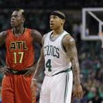 Atlanta Hawks guard Dennis Schroder (17) and Boston Celtics guard Isaiah Thomas (4) during the third quarter in Game 6 of a first-round NBA basketball playoff series Thursday, April 28, 2016, in Boston. The Hawks won 104-92 to win the series 4-2. (AP Photo/Elise Amendola) 