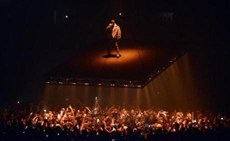 Kanye West performed Saturday at TD Garden on a stage that floated over the audience.
