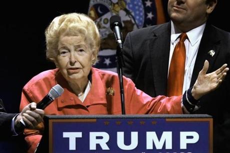 FILE In this March 11, 2016 file photo, longtime conservative activist Phyllis Schlafly endorses Republican presidential candidate Donald Trump before Trump begins speaking at a campaign rally in St. Louis. Schlafly, who helped defeat the Equal Rights Amendment in the 1970s and founded the Eagle Forum political group, has died at age 92. The Eagle Forum announced her death in a statement Monday, Sept. 5, 2016. (AP Photo/Seth Perlman, file)
