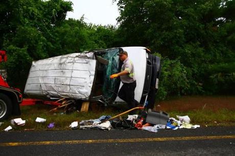 Cody's towing works on this work van, that was carrying six passengers, that rolled over multiple times, causing the death of one passenger and seriously injuring the other 5, which were all taken to four different area hospitals on September 8, 2016. Seat belts were not worn. The accident happened on Route 495 north, near exit 53 in Merrimack. The investigation is still under way and the identity is being held till next of kin has been notified. Mark Lorenz for the Boston Globe
