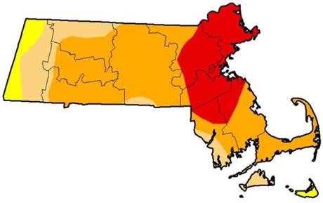 The latest map from the US Drought Monitor: The area shown in red is suffering an extreme drought, and the dark orange region is under a severe drought.
