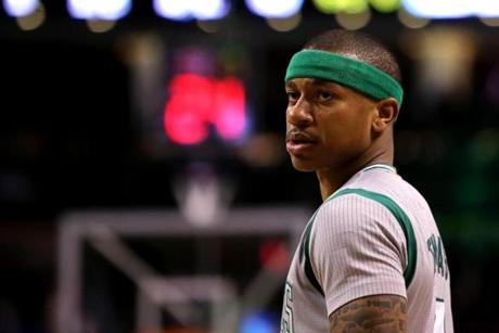 BOSTON, MA - APRIL 13: Isaiah Thomas #4 of the Boston Celtics looks on in the first quarter against the Miami Heat at TD Garden on April 13, 2016 in Boston, Massachusetts. NOTE TO USER: User expressly acknowledges and agrees that, by downloading and/or using this photograph, user is consenting to the terms and conditions of the Getty Images License Agreement. (Photo by Mike Lawrie/Getty Images)
