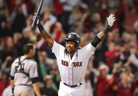 Boston-09/15/2016- Boston Red Sox vs Yankees- Sox Hanley Ramirez celebrates his game winning 9th inning 3-run homer.Boston Globe staff photo by John Tlumacki(sports)
