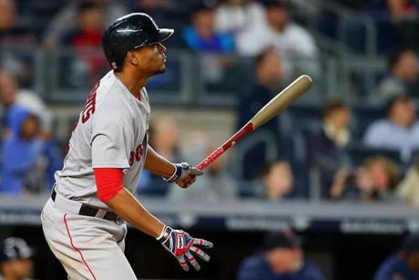 Xander Bogaerts of the Boston Red Sox connected on a solo home run in the fourth inning against the New York Yankees at Yankee Stadium on Wednesday night in the Bronx. 
