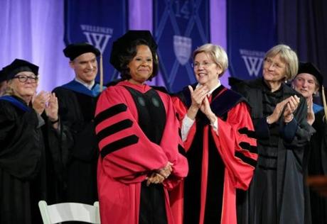 Paula A. Johnson, left, at her Inauguration Ceremony to become the 14th president of Wellesley College.
