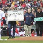 David Ortiz reacted to a presentation from Governor Charlie Baker and Mayor Martin Walsh of Boston during ceremonies Sunday marking his last regular-season Red Sox game.