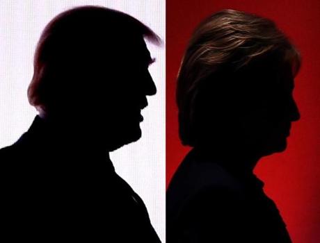 This combination of file photos shows the silhouettes of Republican presidential nominee Donald Trump(R)July 18, 2016 and Democratic presidential nominee Hillary Clinton on February 4, 2016. Hillary Clinton and Donald Trump prepared to square off September 26, 2016 in their first presidential debate -- a keenly awaited clash that comes as they sit nearly neck and neck in the polls. The debate, which is expected to be watched by tens of millions of Americans, could draw a record number of viewers when it kicks off at 9:00 pm EST (0100 GMT Tuesday). / AFP PHOTO / DESKDESK/AFP/Getty Images
