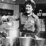 Food pages, print scan/ Julia Child, prepares Soupe De jour on The French Chef . photo by Paul Child. (Run date 4-20-74) Library Tag 08142002 Food -- 100916JuliaChild