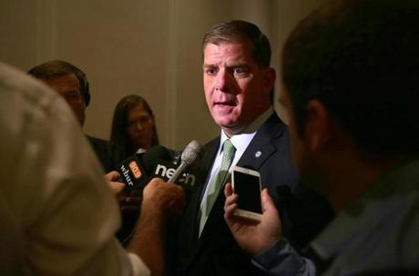 Boston, MA--9/27/2016--Mayor Marty Walsh (cq) answers media questions after addressing the Greater Boston Chamber of Commerce (cq), on Tuesday, September 27, 2016. Photo by Pat Greenhouse/Globe Staff Topic: 28walshchamber Reporter: Jon Chesto
