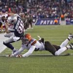 Foxborough, MA 12/7/2013 New England Patriots Danny Amendola hauls in the game winning 1-yard touchdown reception beating Cleveland Browns Buster Skrine during fourth quarter action on Sunday December 8, 2013. (Matthew J. Lee/Globe staff) Topic: Reporter: 