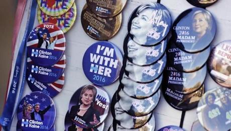 Campaign buttons were displayed at Keene State College on Friday.
