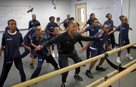 BOSTON, MA - 8/23/2016: Khamara Cleaves (cq nike top ) teaches a dance class for 6th grade students. The Brooke Charter School in Mattapan, charter schools have been touted as labs of innovation (David L Ryan/Globe Staff Photo) SECTION: METRO TOPIC 31charterinnovate
