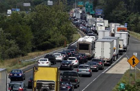 Traffic crawled on Interstate 84 east in Sturbridge, Mass., over the summer.
