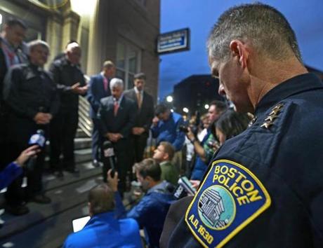 A vigil was held at the East Boston Police Headquarters this evening for the two police officers shot last night. 
