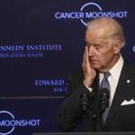 Boston, MA - 10/19/2016 - U.S. Vice President Joe Biden wipes away a tear as he speaks about the Cancer Moonshot Initiative, a national effort to end cancer, at the Edward M. Kennedy Institute in Boston, MA, October 19, 2016. (Keith Bedford/Globe Staff)