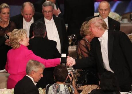 Hillary Clinton shook hands with Donald Trump while attending the annual Al Smith dinner on Thursday night. 
