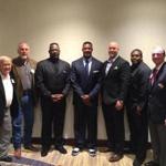 From left: Tom Yewcic, Pete Brock, Andre Tippett, Willie McGinest, Matt Chatham, Patrick Pass, and Gridiron Club of Greater Boston president Jim Kearney at the Marriott Hotel in Burlington. 