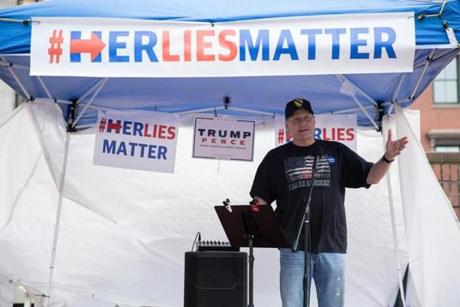 Former Red Sox pitcher and Trump supporter Curt Schilling spoke at a rally at Boston City Hall Plaza on Saturday.
