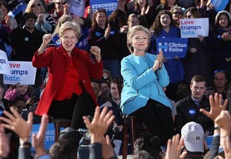 Hillary Clinton and Senator Elizabeth Warren held a rally in Manchester, N.H., on Monday.
