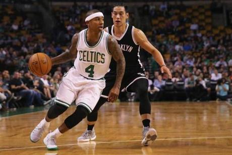 BOSTON, MA - OCTOBER 17: Jeremy Lin #7 of the Brooklyn Nets defends Isaiah Thomas #4 of the Boston Celtics during the first quarter of the preseason game at TD Garden on October 17, 2016 in Boston, Massachusetts. NOTE TO USER: User expressly acknowledges and agrees that, by downloading and/or using this photograph, user is consenting to the terms and conditions of the Getty Images License Agreement. (Photo by Maddie Meyer/Getty Images)

