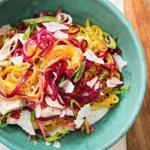 Truffled beet noodles with sauteed chicken. 