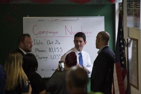 Paul Ryan exits the building after a speech at Congressman Jeff Denham?s campaign headquarters in Modesto, Calif., on Oct. 27.
