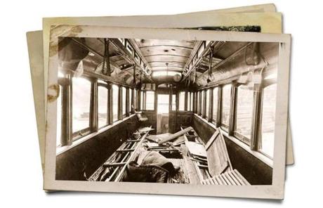 The view from inside the damaged trolley car after it was dredged from the Fort Point Channel.
