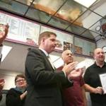 Steve Papantoniadis (right), the owner of Stash?s Pizza in Dorchester, was joined by Boston Mayor Martin J. Walsh for the awarding of the city?s first restaurant letter grade. 
