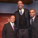 NBA Hall of Famer Kareem Abdul-Jabbar (center) with Harvard professor Henry Louis Gates Jr. (left) and Harvard basketball coach Tommy Amaker. 